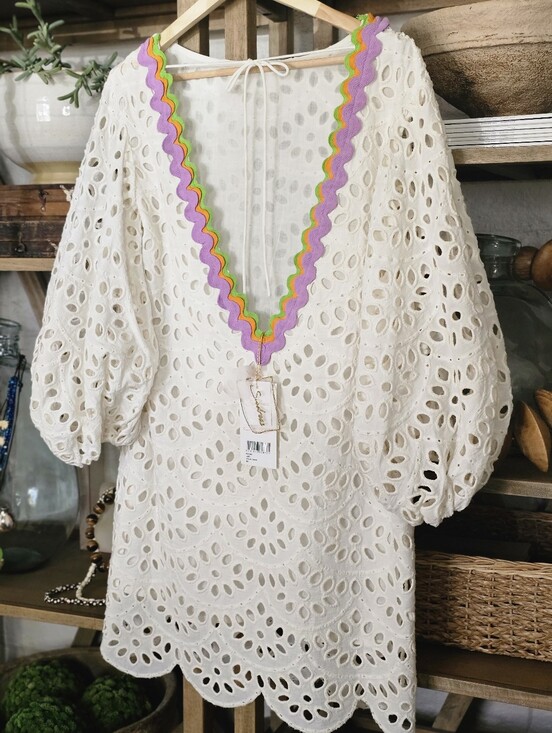 Sundress Dresses & Skirts - Sundress Edo Cotton Eyelet Babydoll Mini Dress V Plunging Neckline Ric Rac Trim